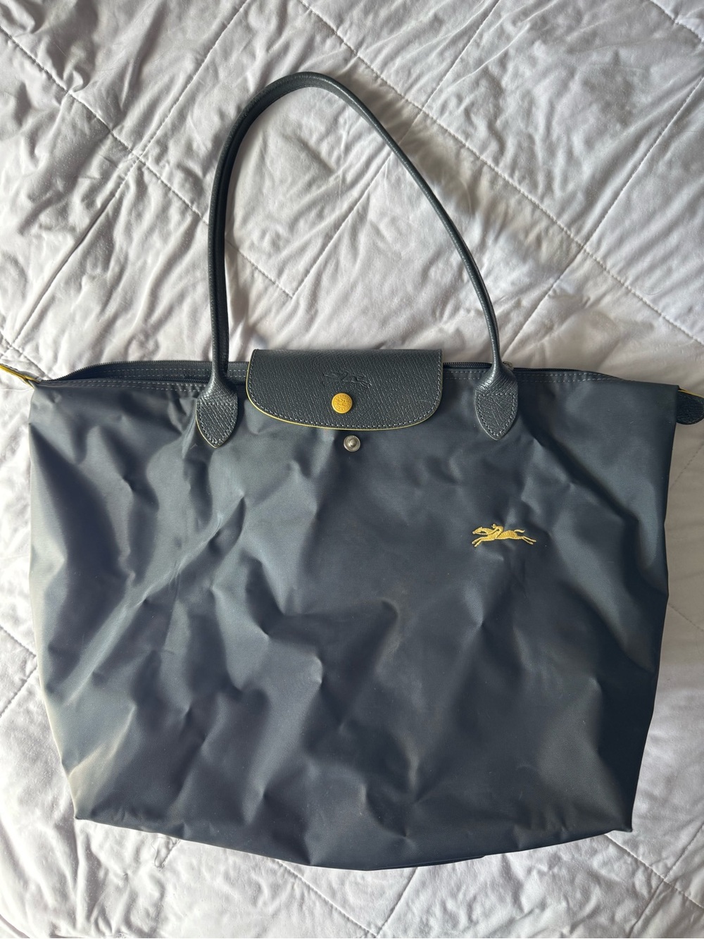 Longchamp Navy Nylon Tote with Gold Accents